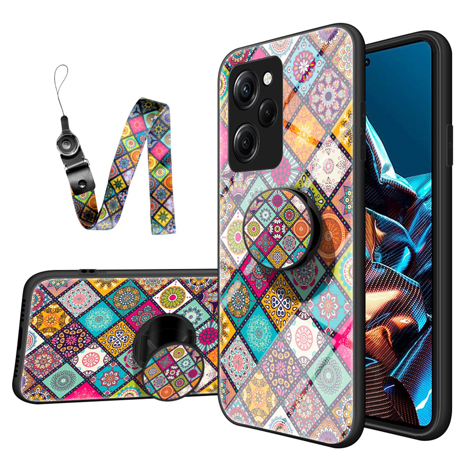 For Xiaomi Poco X5 Pro 5G Redmi Note 12 Pro Speed 5G Kickstand Phone Case Flower Pattern PC TPU Tempered Glass Cover with Lanyard For Xiaomi Poco X5 Pro 5G Redmi Note 12 Pro Speed 5G Kickstand Phone Case Flower Pattern PC TPU Tempered Glass Cover with Lanyard